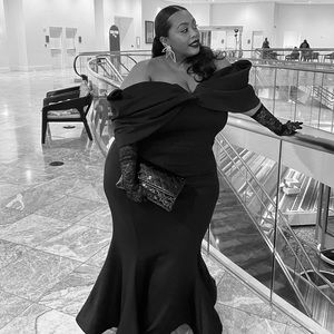 ASOS Off shoulder, bow top formal gown, fluted bottom and scalloped hem